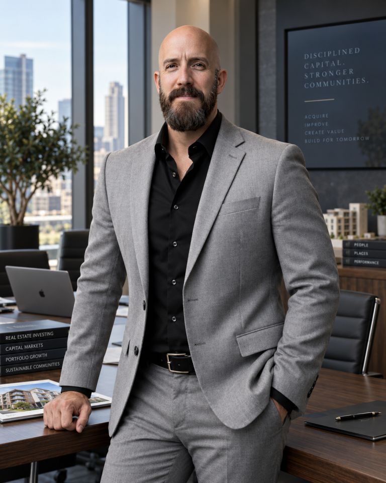 Michael Ligon in a professional investment setting representing strategic capital, deal structuring and real estate leadership at The Ligon Group