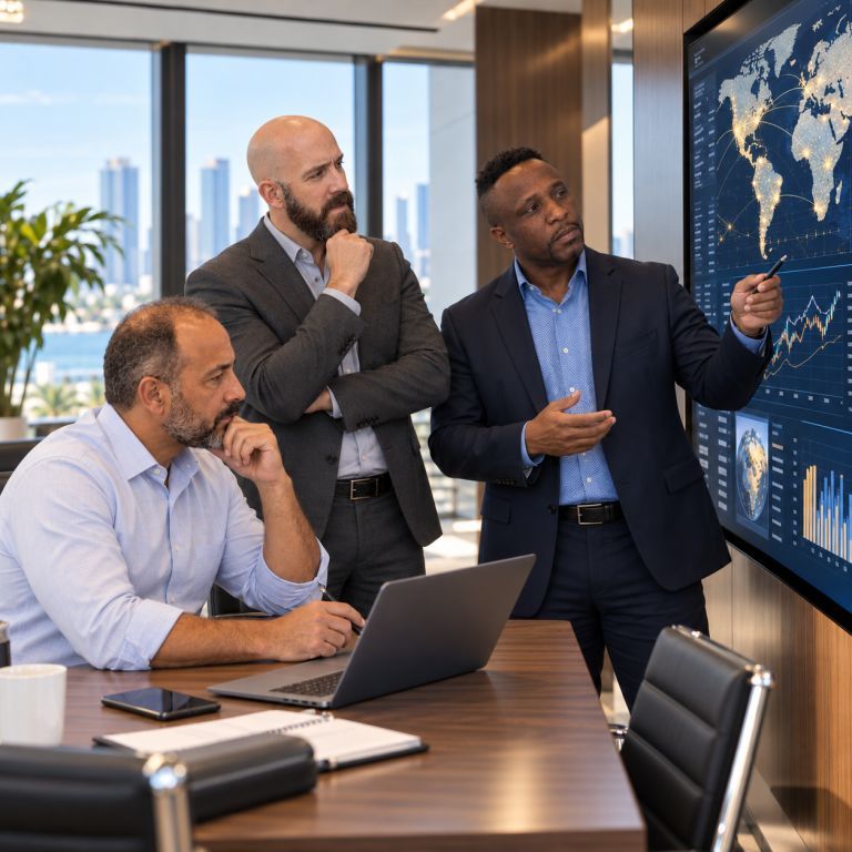 Michael Ligon with Marvin Legion Gore and Alonso Sabatini representing The Ligon Group's global investment relationships across Asia, Latin America and the Caribbean